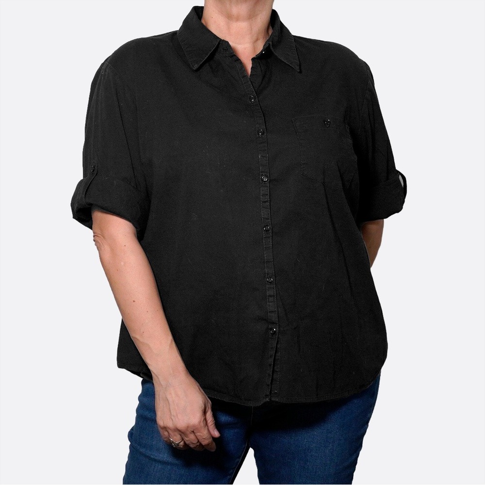 Chic Black Twill Utility Blouse Versatile‎ Roll-Tab Sleeves Plus Size 2X XXL